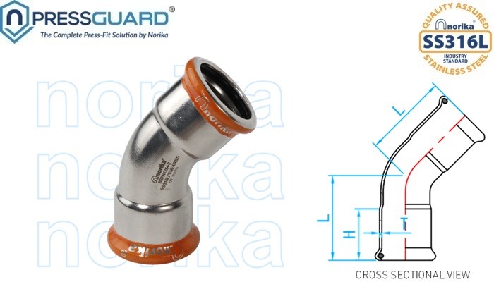 Stainless Steel 316L Press Fit 45 Deg Elbow